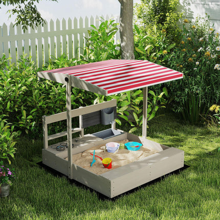Kids Wooden Sandbox Playset with Adjustable Canopy and Storage Seat - Grey