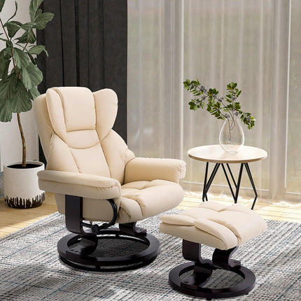 Reclining Swivel Armchair and Footstool Set with Metal Frame and Bentwood Base - Cream