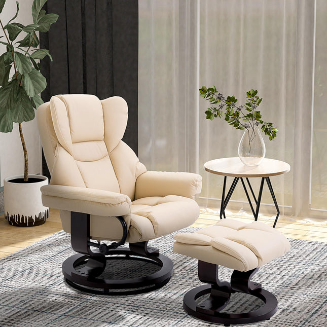 Reclining Swivel Armchair and Footstool Set with Metal Frame and Bentwood Base - Cream