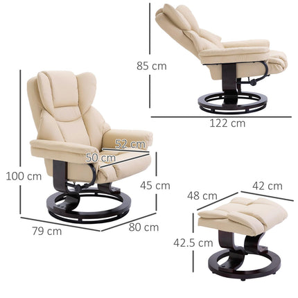 Reclining Swivel Armchair and Footstool Set with Metal Frame and Bentwood Base - Cream