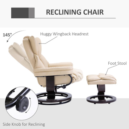 Reclining Swivel Armchair and Footstool Set with Metal Frame and Bentwood Base - Cream