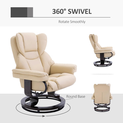 Reclining Swivel Armchair and Footstool Set with Metal Frame and Bentwood Base - Cream