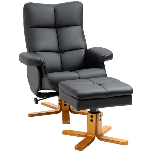 Faux Leather Swivel Recliner Chair with Storage Ottoman and Wooden Base - Black