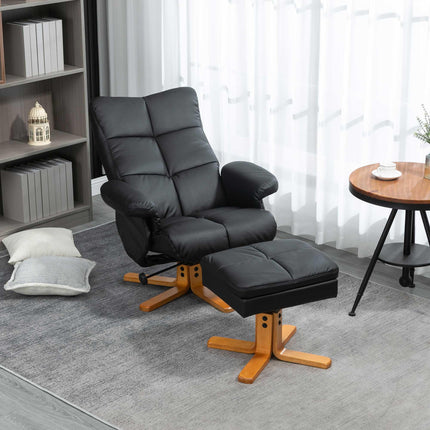 Faux Leather Swivel Recliner Chair with Storage Ottoman and Wooden Base - Black