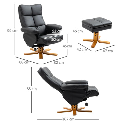 Faux Leather Swivel Recliner Chair with Storage Ottoman and Wooden Base - Black