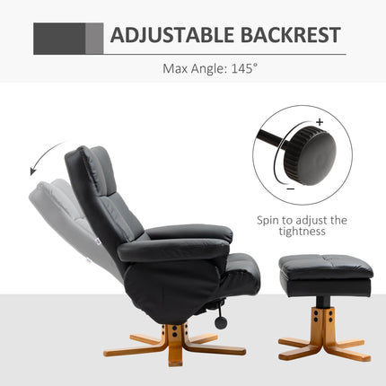 Faux Leather Swivel Recliner Chair with Storage Ottoman and Wooden Base - Black