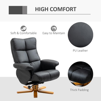 Faux Leather Swivel Recliner Chair with Storage Ottoman and Wooden Base - Black