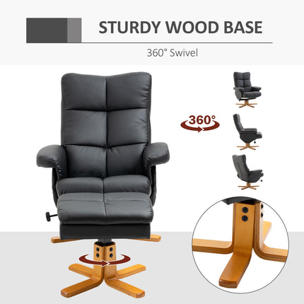 Faux Leather Swivel Recliner Chair with Storage Ottoman and Wooden Base - Black