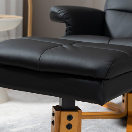 Faux Leather Swivel Recliner Chair with Storage Ottoman and Wooden Base - Black