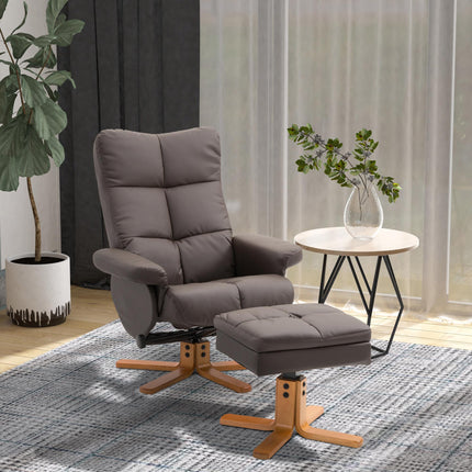 Faux Leather Swivel Recliner Chair with Storage Ottoman and Wooden Base - Brown