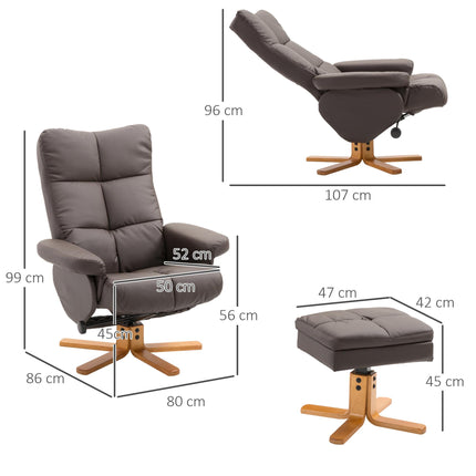 Faux Leather Swivel Recliner Chair with Storage Ottoman and Wooden Base - Brown