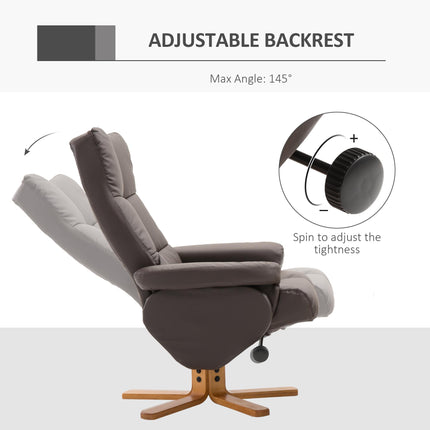Faux Leather Swivel Recliner Chair with Storage Ottoman and Wooden Base - Brown