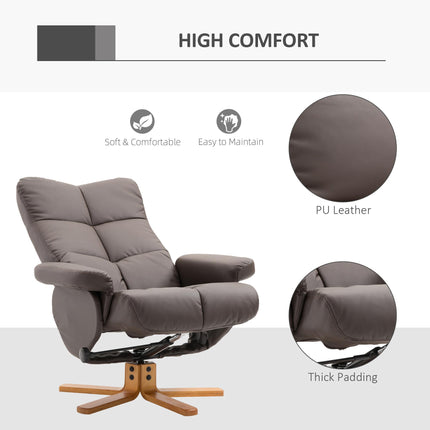 Faux Leather Swivel Recliner Chair with Storage Ottoman and Wooden Base - Brown