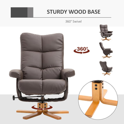 Faux Leather Swivel Recliner Chair with Storage Ottoman and Wooden Base - Brown