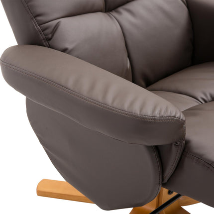 Faux Leather Swivel Recliner Chair with Storage Ottoman and Wooden Base - Brown
