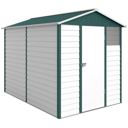 9FT x 6FT Galvanised Metal Garden Shed with Lockable Door and Ventilation - White & Green
