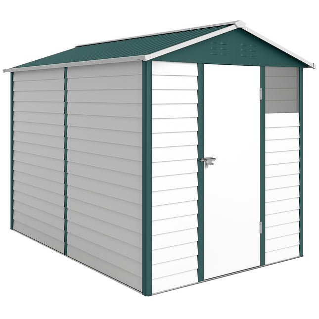 9FT x 6FT Galvanised Metal Garden Shed with Lockable Door and Ventilation - White & Green