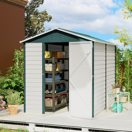 9FT x 6FT Galvanised Metal Garden Shed with Lockable Door and Ventilation - White & Green