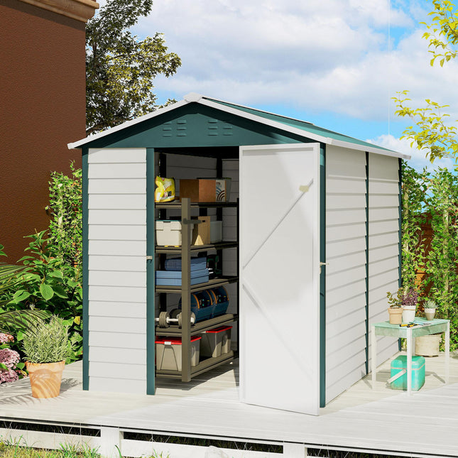 9FT x 6FT Galvanised Metal Garden Shed with Lockable Door and Ventilation - White & Green