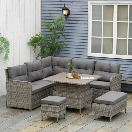 6-Piece Outdoor PE Rattan Garden Furniture Set with Sectional Sofa, Padded Cushions & Liftable Coffee Table - Grey