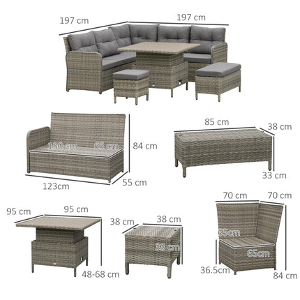 6-Piece Outdoor PE Rattan Garden Furniture Set with Sectional Sofa, Padded Cushions & Liftable Coffee Table - Grey