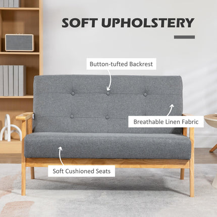 Modern 2-Seat Tufted Linen Sofa with Rubberwood Legs - Dark Grey