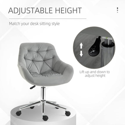 Ergonomic Velvet Home Office Computer Desk Chair with Adjustable Height, Arm & Back Support - Grey