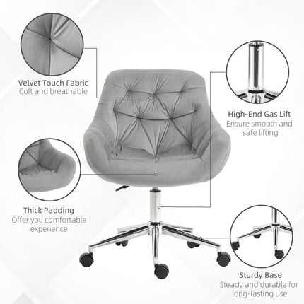 Ergonomic Velvet Home Office Computer Desk Chair with Adjustable Height, Arm & Back Support - Grey