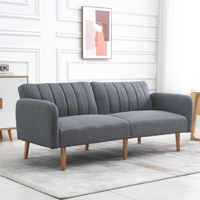 Two Seater Convertible Sofa Bed with Click Clack and Adjustable Split Backrest - Grey Linen