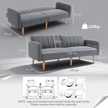 Two Seater Convertible Sofa Bed with Click Clack and Adjustable Split Backrest - Grey Linen