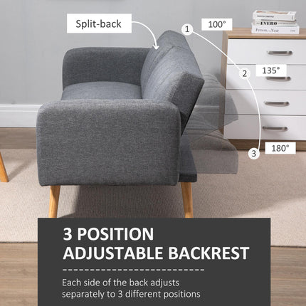 Two Seater Convertible Sofa Bed with Click Clack and Adjustable Split Backrest - Grey Linen