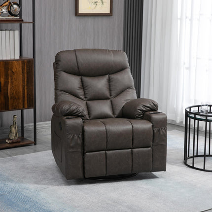 Manual Reclining Swivel Armchair with Footrest, Cup Holders & Pockets - Brown