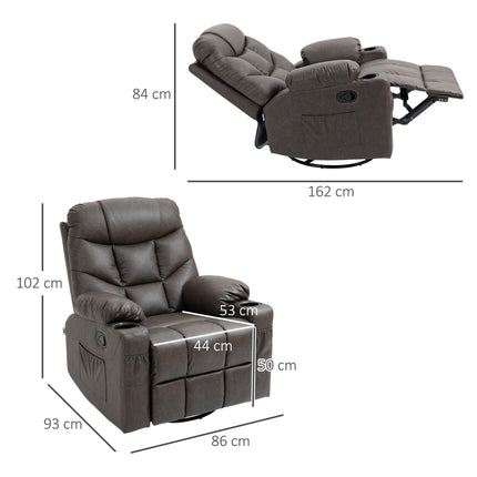Manual Reclining Swivel Armchair with Footrest, Cup Holders & Pockets - Brown