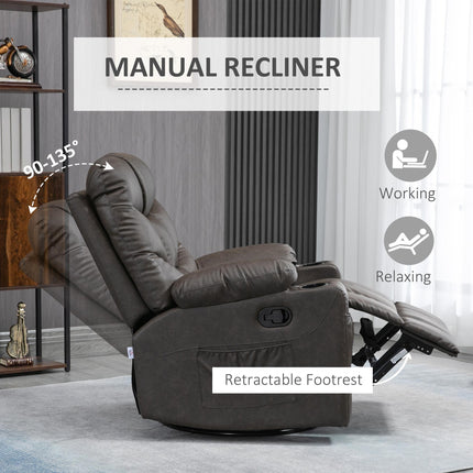 Manual Reclining Swivel Armchair with Footrest, Cup Holders & Pockets - Brown