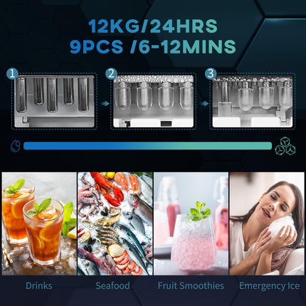 Countertop Ice Maker Machine 12kg/24h, 9 Cubes in 6-12 Mins with Scoop & Basket - Black