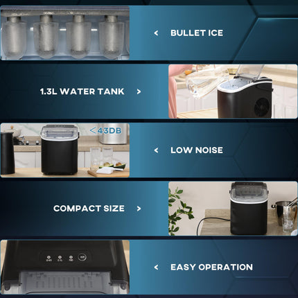 Countertop Ice Maker Machine 12kg/24h, 9 Cubes in 6-12 Mins with Scoop & Basket - Black