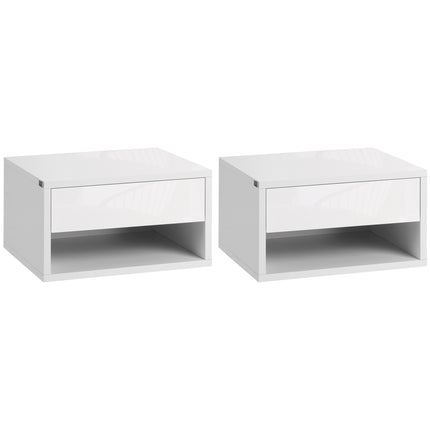 Set of 2 Wall Mounted Nightstands with Drawer and Shelf - High Gloss White