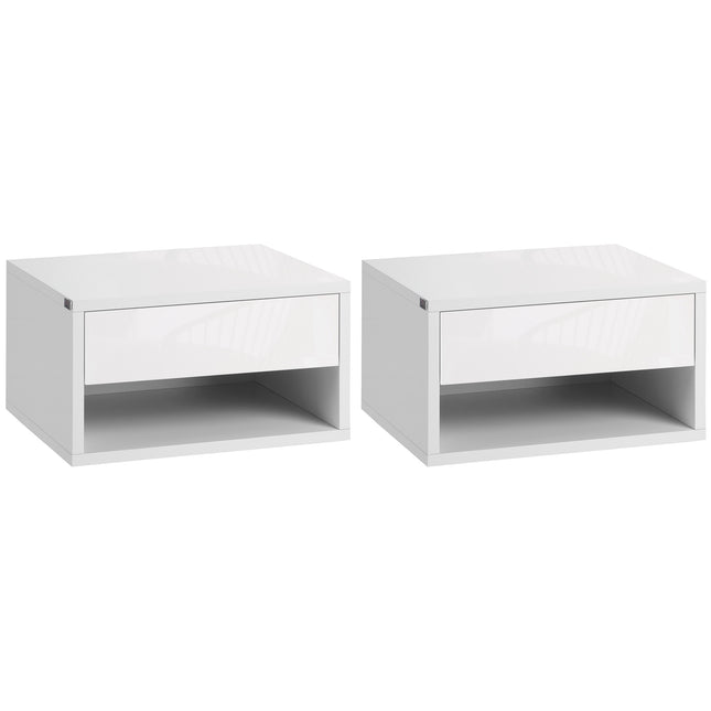 Set of 2 Wall Mounted Nightstands with Drawer and Shelf - High Gloss White