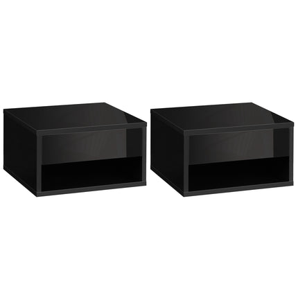 Set of 2 Floating Bedside Tables with Drawer and Shelf - High Gloss Black