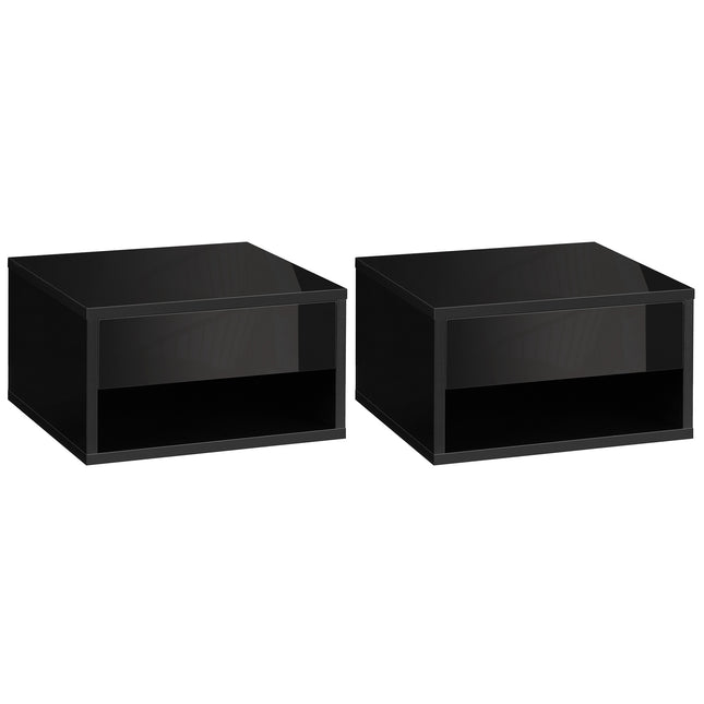 Set of 2 Floating Bedside Tables with Drawer and Shelf - High Gloss Black