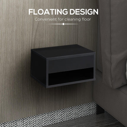 Set of 2 Floating Bedside Tables with Drawer and Shelf - High Gloss Black