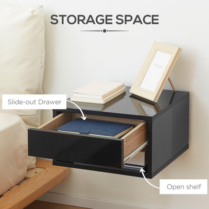 Set of 2 Floating Bedside Tables with Drawer and Shelf - High Gloss Black