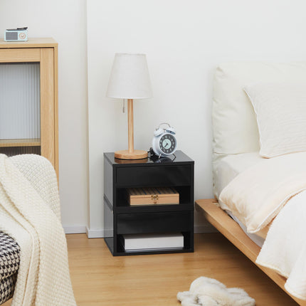 Set of 2 Floating Bedside Tables with Drawer and Shelf - High Gloss Black