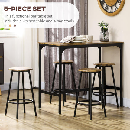 Industrial Five-Piece Bar Table Set with Four Stools - Brown/Black