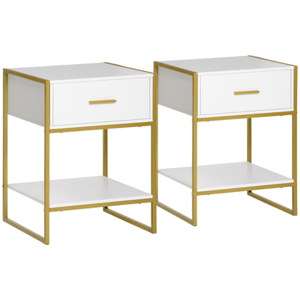 Set of 2 Modern Bedside Tables with Drawer and Shelf - White and Gold