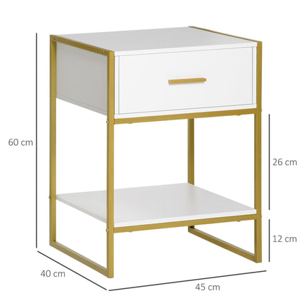 Set of 2 Modern Bedside Tables with Drawer and Shelf - White and Gold