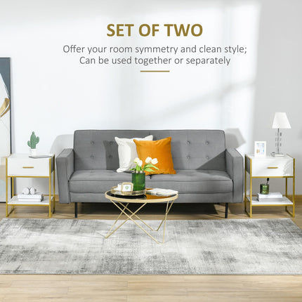 Set of 2 Modern Bedside Tables with Drawer and Shelf - White and Gold