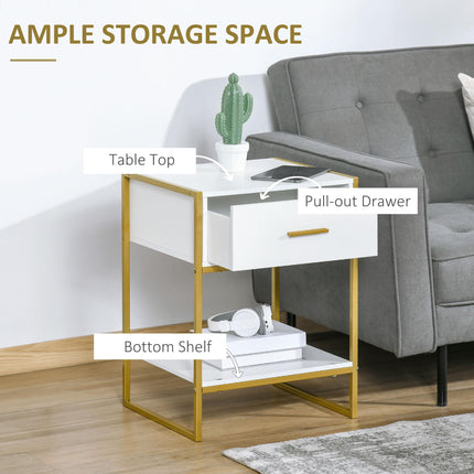 Set of 2 Modern Bedside Tables with Drawer and Shelf - White and Gold
