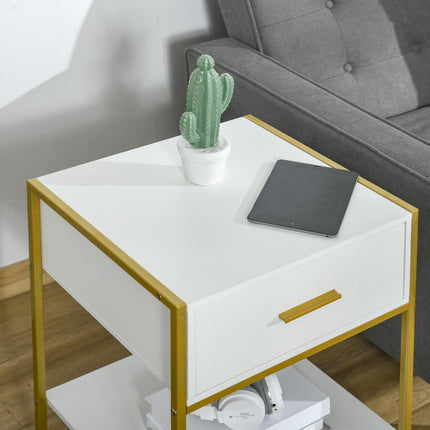 Set of 2 Modern Bedside Tables with Drawer and Shelf - White and Gold