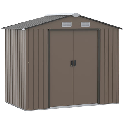 7ft x 4ft Lockable Metal Garden Storage Shed with Sliding Doors and Roof - Brown